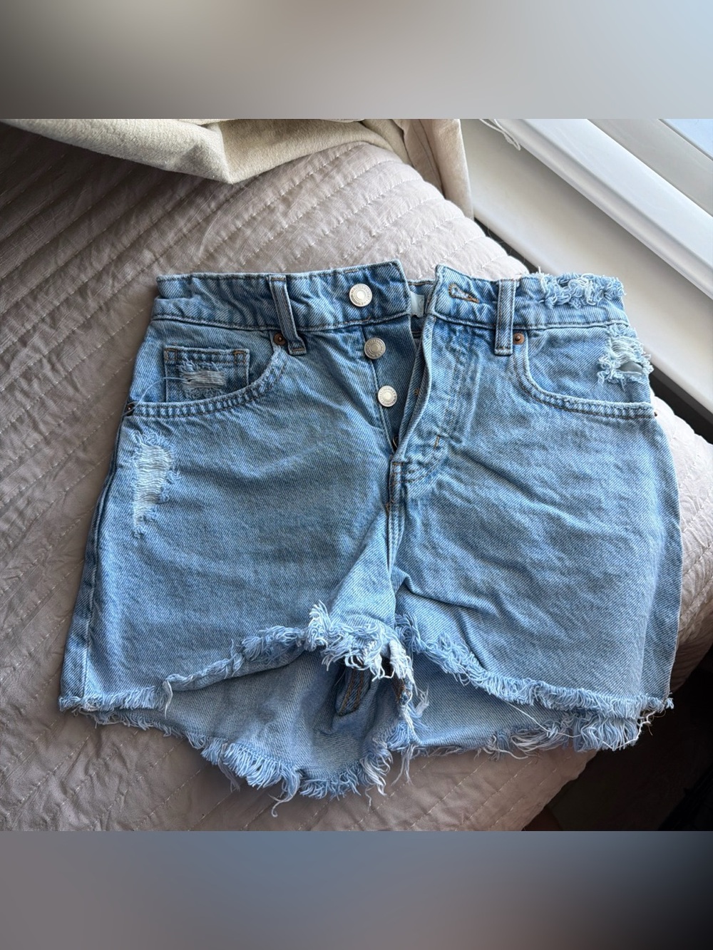 H&M Light Blue High-Waist Distressed Denim Shorts